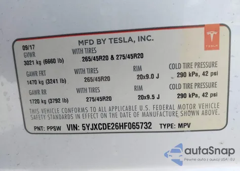 2017 Tesla Model X 100D/75D/90D z USA, uszkodzony, nr VIN 5YJXCDE26HF065732